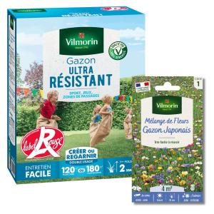 Gazon Ultra Résistant - Label Rouge - 3 kg + Gazon Japonais - 4 m² - Mélange de fleurs